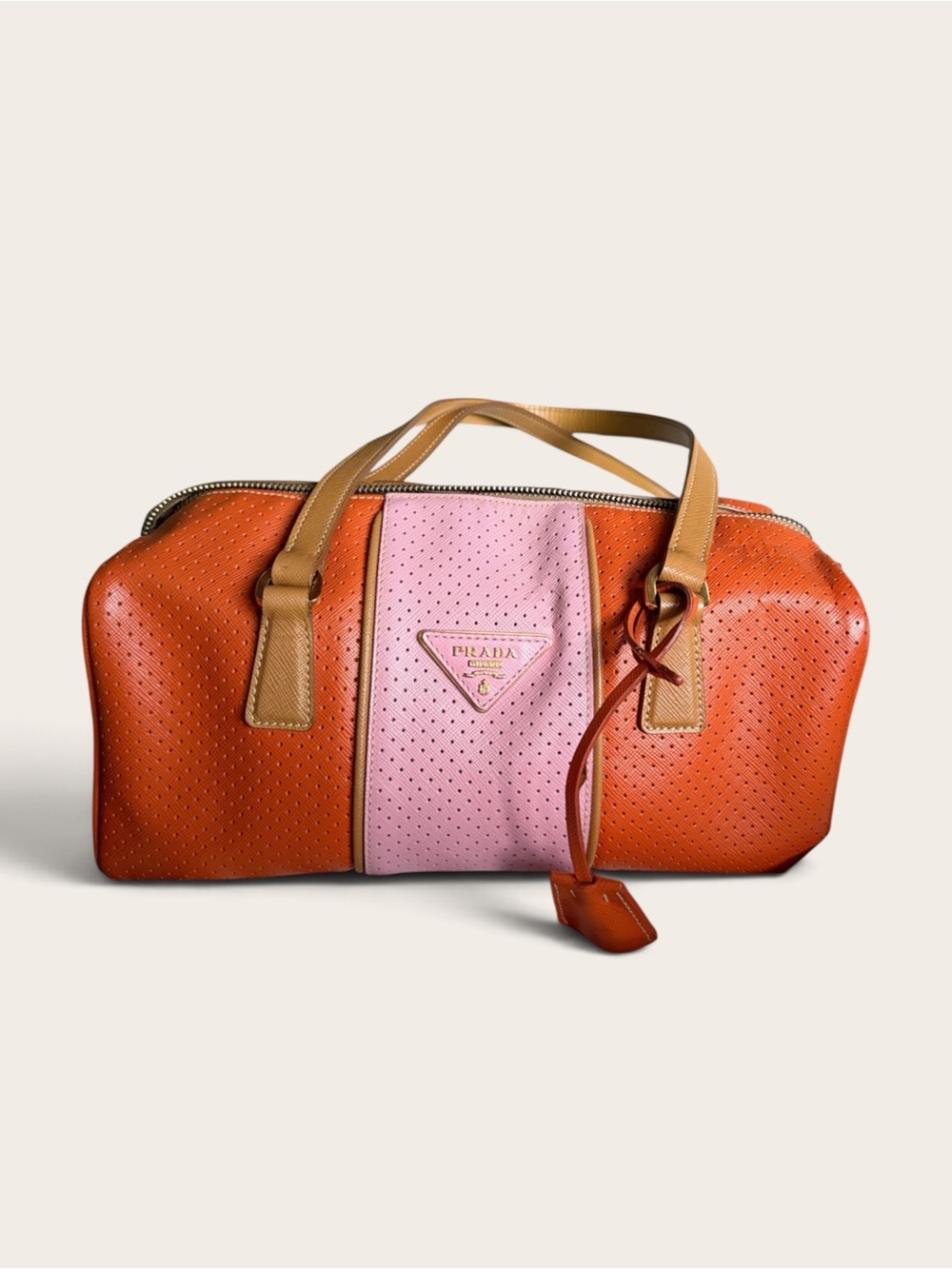 Prada Saffiano Orange, Pink & Tan Perforated Boston bag